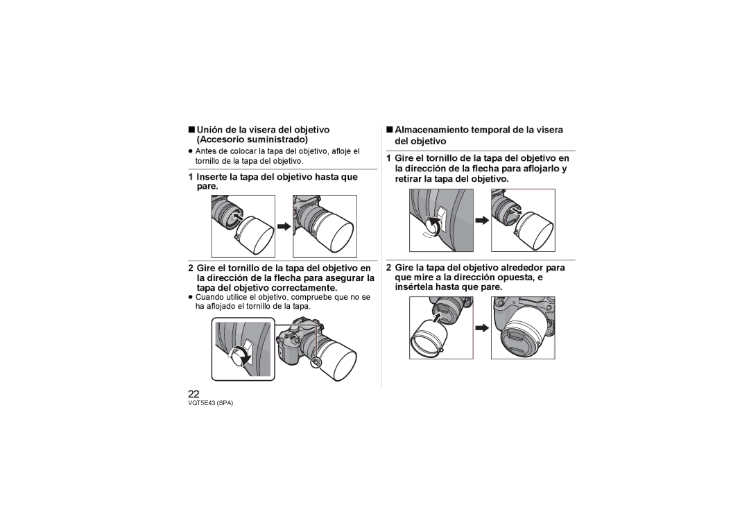 Panasonic H-NS043 owner manual Unión de la visera del objetivo Accesorio suministrado 