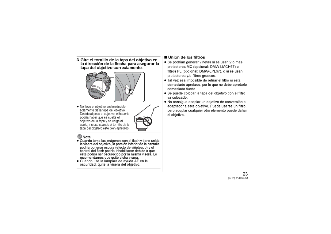 Panasonic H-NS043 owner manual Unión de los filtros, Nota 