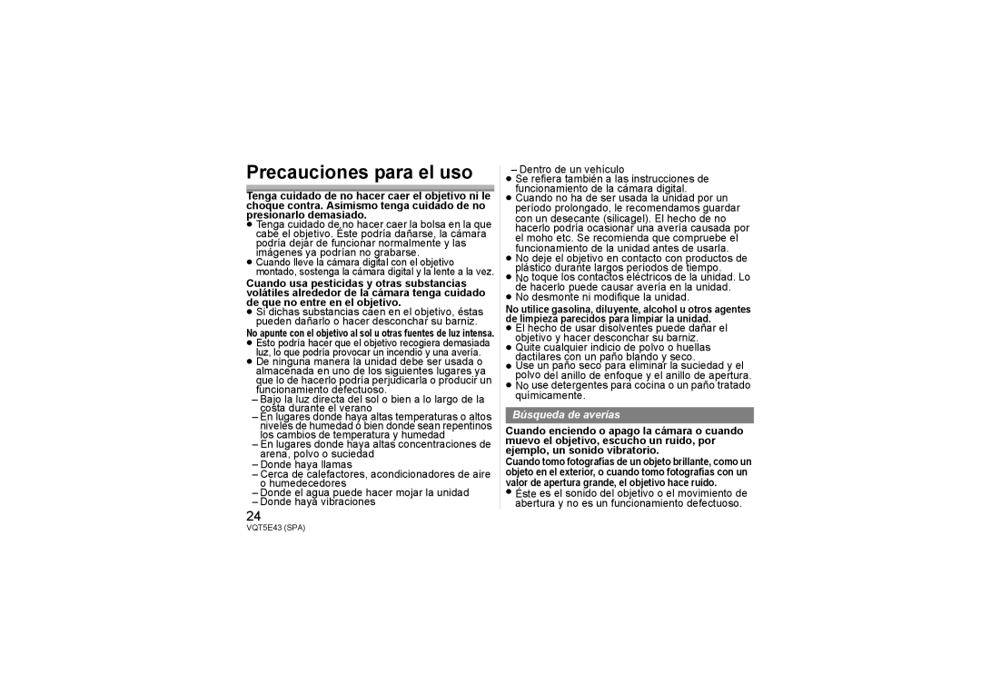 Panasonic H-NS043 owner manual Precauciones para el uso, Búsqueda de averías 