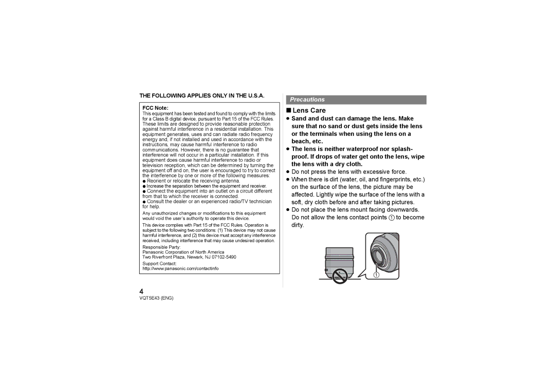 Panasonic H-NS043 owner manual Lens Care, ≥ Do not press the lens with excessive force 