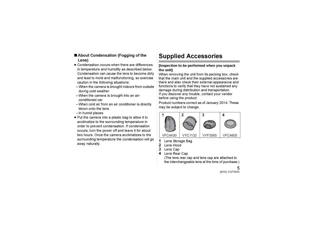 Panasonic H-NS043 owner manual Supplied Accessories, About Condensation Fogging Lens 