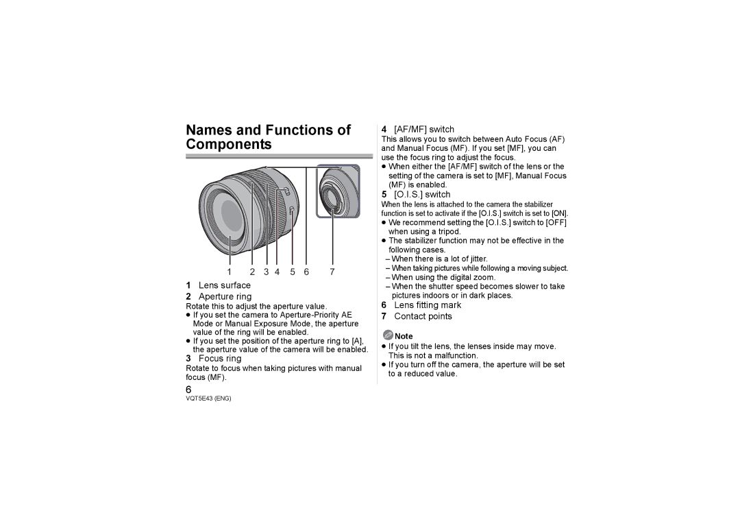 Panasonic H-NS043 owner manual Names and Functions of Components, Rotate to focus when taking pictures with manual focus MF 