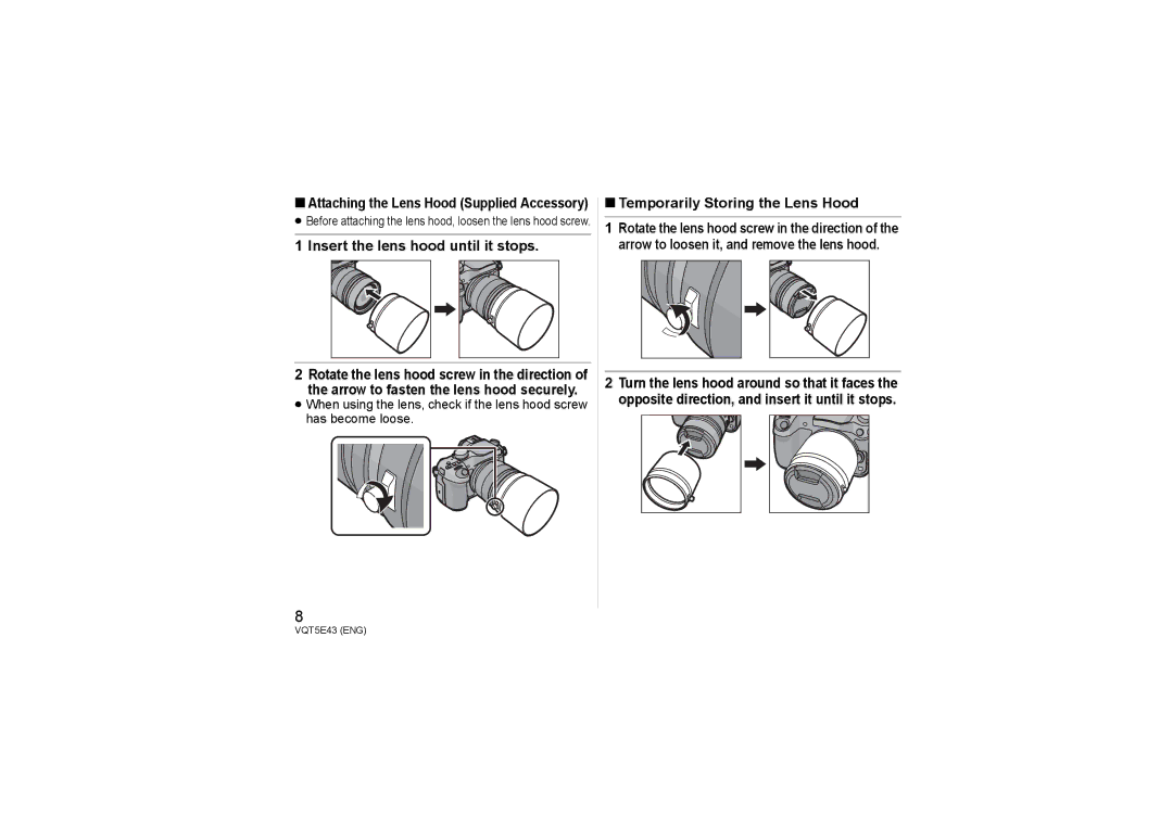 Panasonic H-NS043 owner manual Insert the lens hood until it stops, Temporarily Storing the Lens Hood 