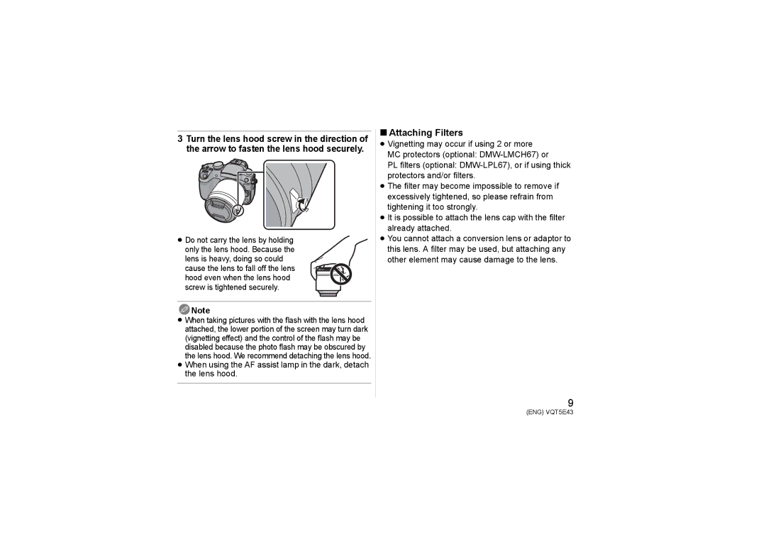 Panasonic H-NS043 owner manual Attaching Filters 