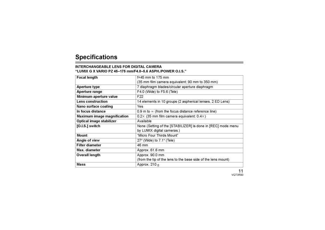 Panasonic H-PS45175 operating instructions Specifications 