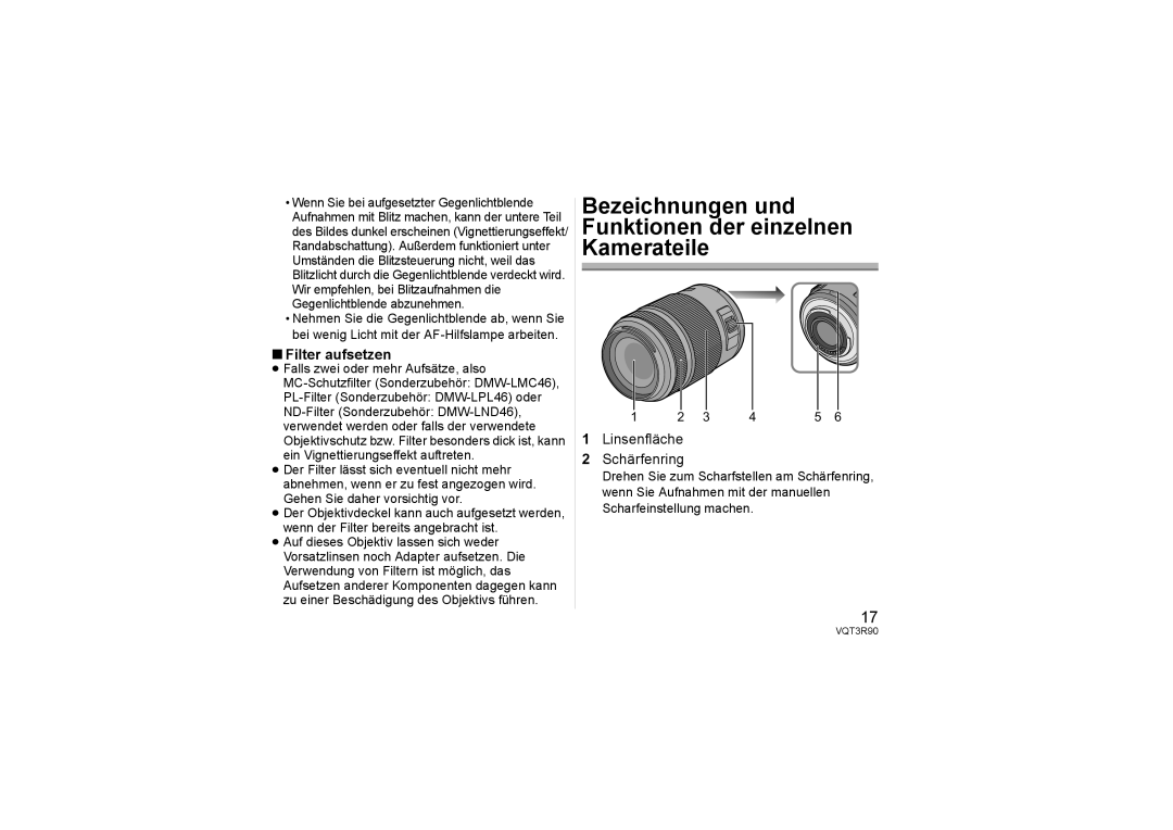 Panasonic H-PS45175 Bezeichnungen und Funktionen der einzelnen Kamerateile, Filter aufsetzen, Linsenfläche Schärfenring 