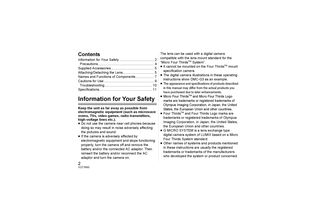 Panasonic H-PS45175 operating instructions Information for Your Safety, Contents 