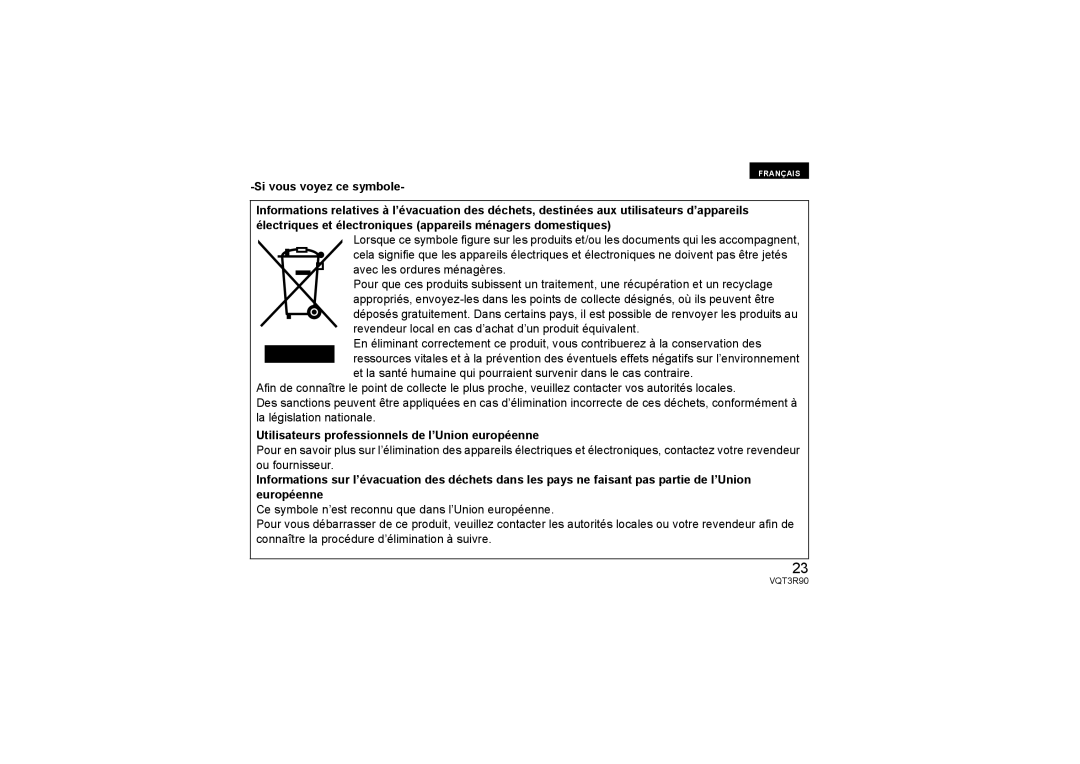 Panasonic H-PS45175 operating instructions Avec les ordures ménagères, Utilisateurs professionnels de l’Union européenne 