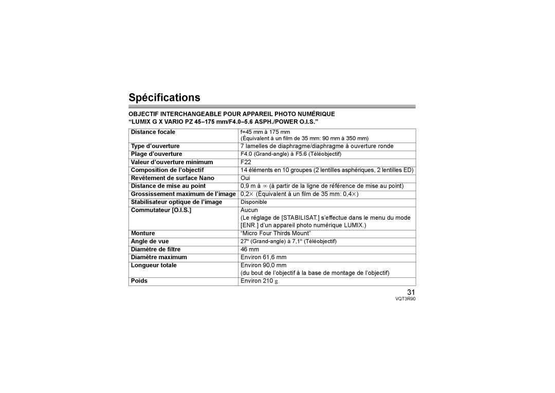 Panasonic H-PS45175 operating instructions Spécifications 