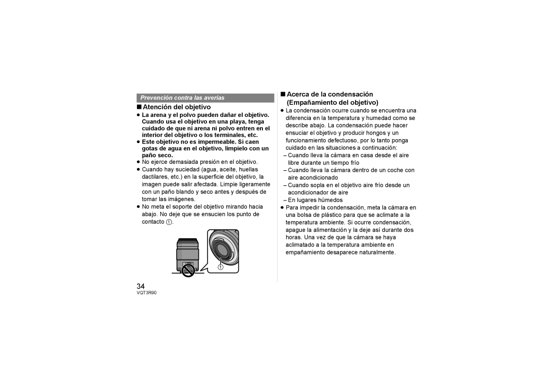 Panasonic H-PS45175 operating instructions Atención del objetivo, Acerca de la condensación Empañamiento del objetivo 