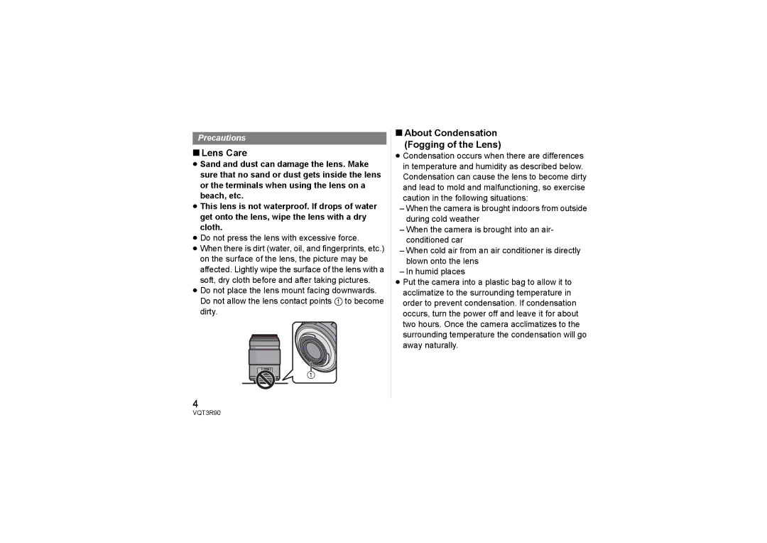 Panasonic H-PS45175 Lens Care, About Condensation Fogging of the Lens, ≥ Do not press the lens with excessive force 