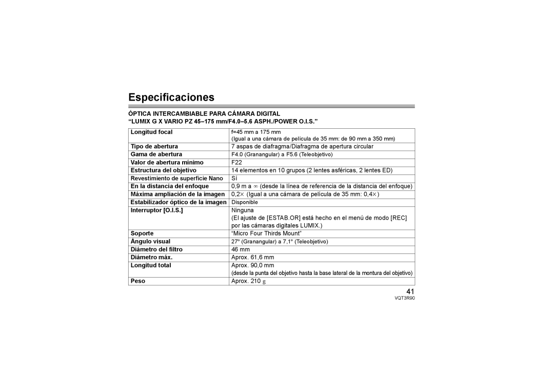 Panasonic H-PS45175 operating instructions Especificaciones 