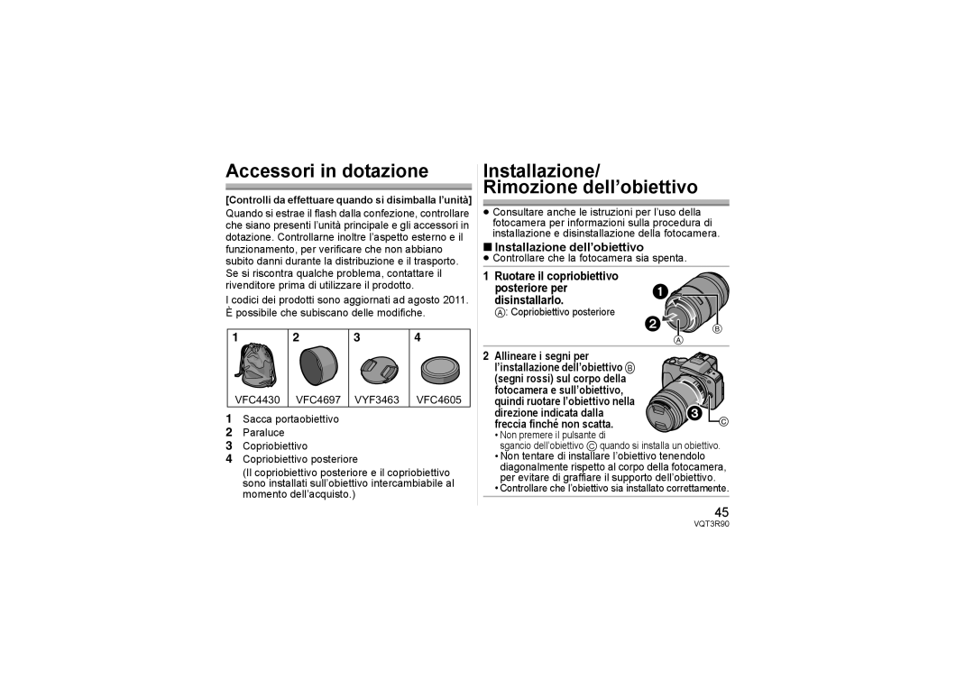 Panasonic H-PS45175 Accessori in dotazione, Installazione/ Rimozione dell’obiettivo, Installazione dell’obiettivo 