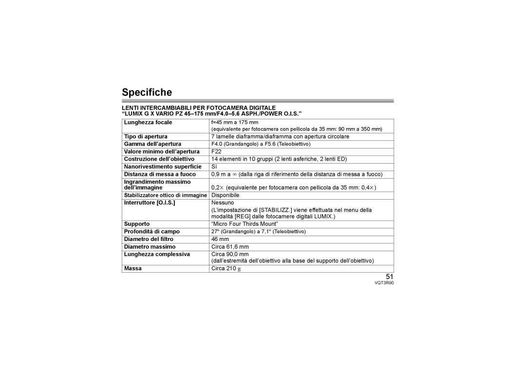 Panasonic H-PS45175 operating instructions Specifiche 