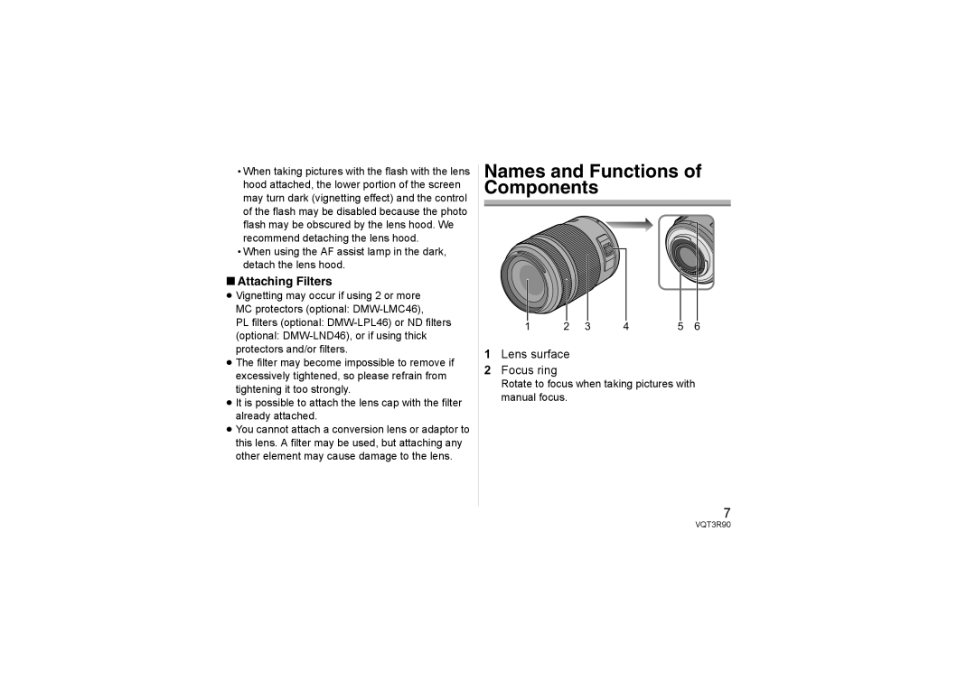 Panasonic H-PS45175 operating instructions Lens surface Focus ring, Rotate to focus when taking pictures with manual focus 