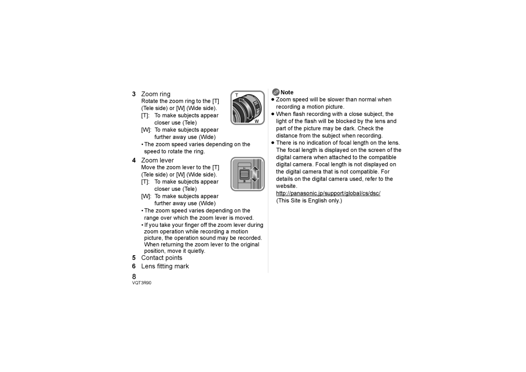 Panasonic H-PS45175 operating instructions Zoom ring, Zoom lever, Contact points Lens fitting mark 