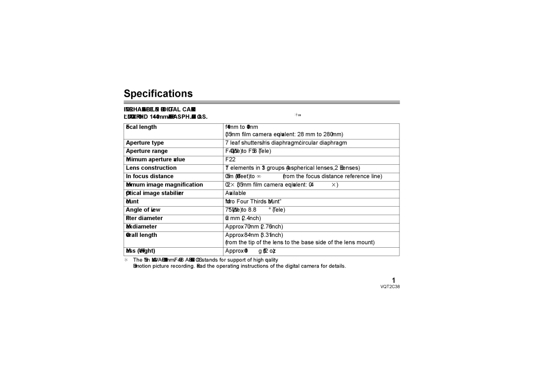 Panasonic H-VS014140 operating instructions Specifications, Interchangeable Lens for Digital Camera 