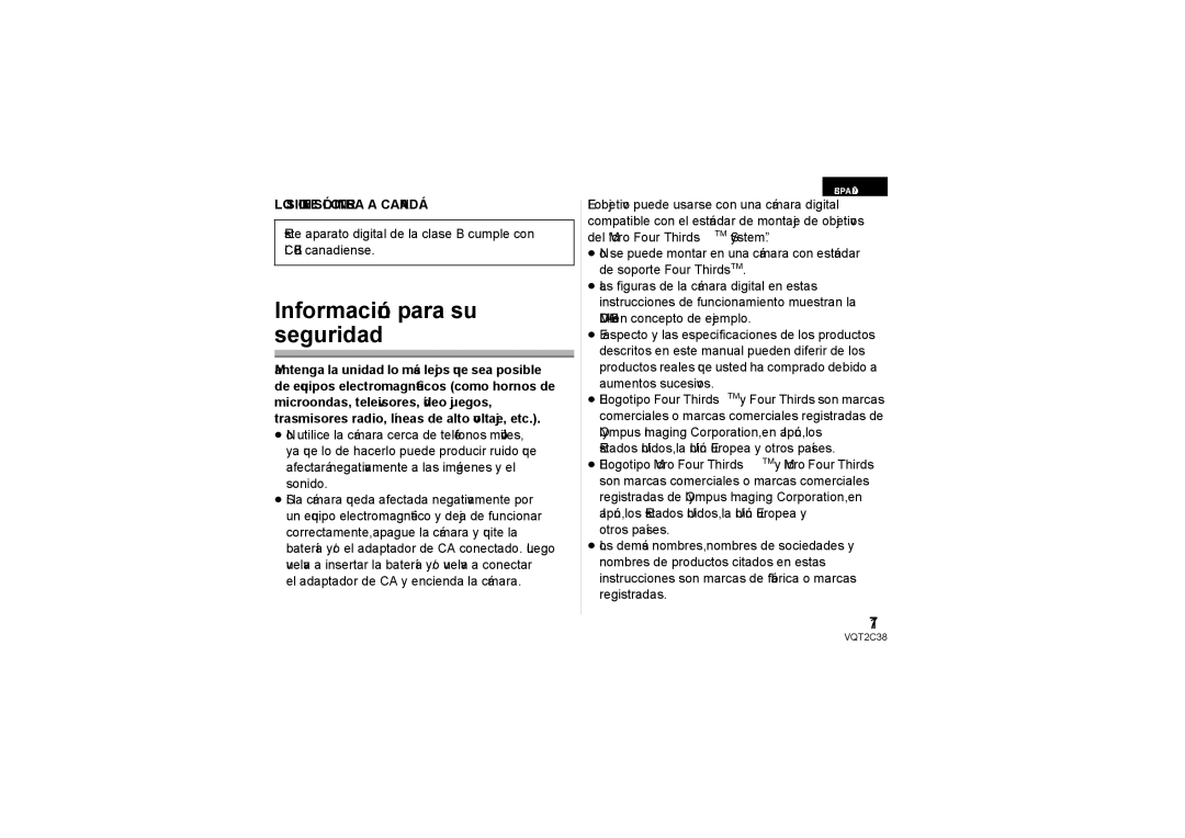 Panasonic H-VS014140 operating instructions Información para su seguridad, LO Siguiente Sólo Interesa a Canadá 