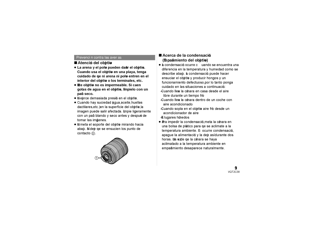 Panasonic H-VS014140 operating instructions Atención del objetivo, Acerca de la condensación Empañamiento del objetivo 