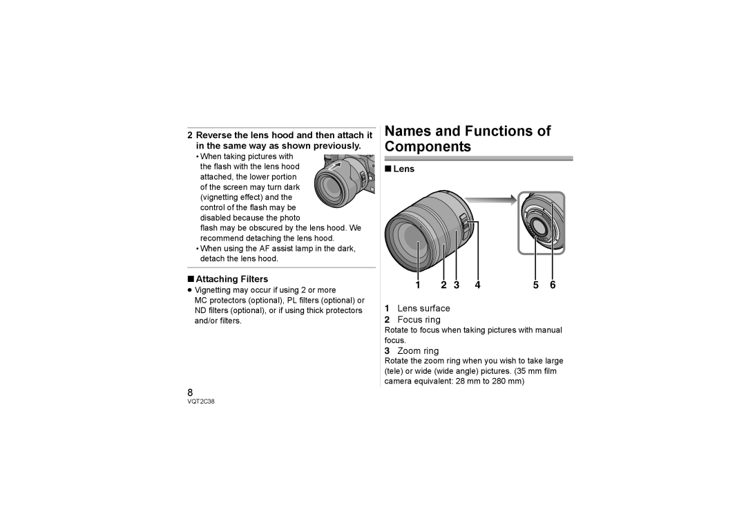 Panasonic H-VS014140 operating instructions Names and Functions of Components, Attaching Filters 