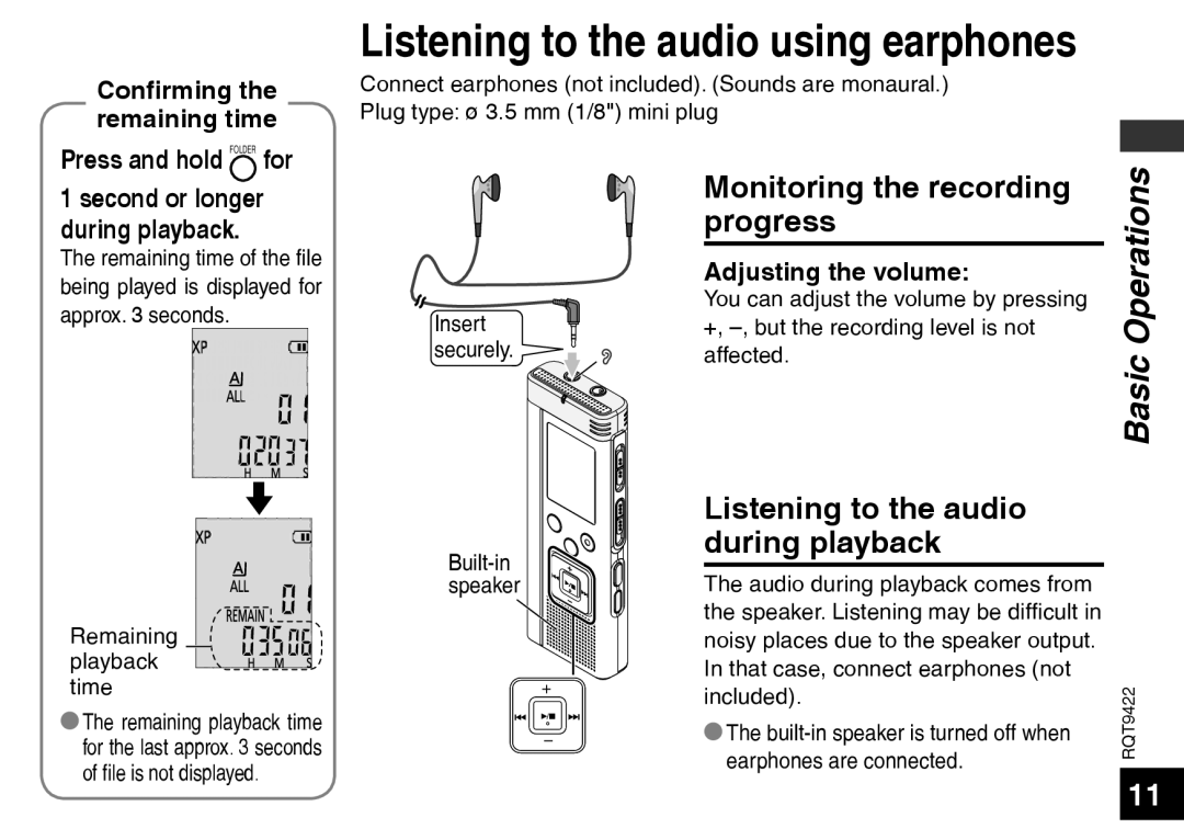 Panasonic RR-US550 Monitoring the recording, Progress, Listening to the audio, During playback, Press and hold Folder for 