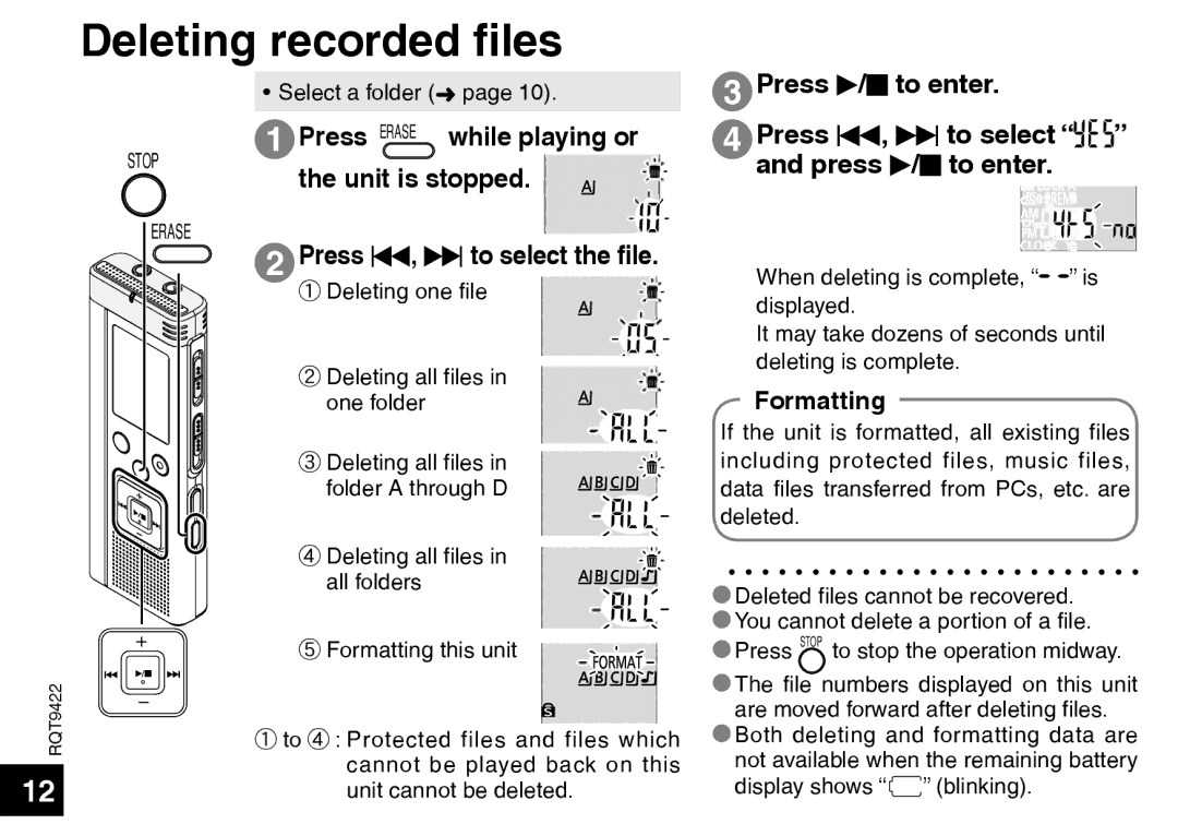 Panasonic H1208TY0 Deleting recorded files, Unit is stopped, Press u, i to select the file, Press q/g to enter, Formatting 