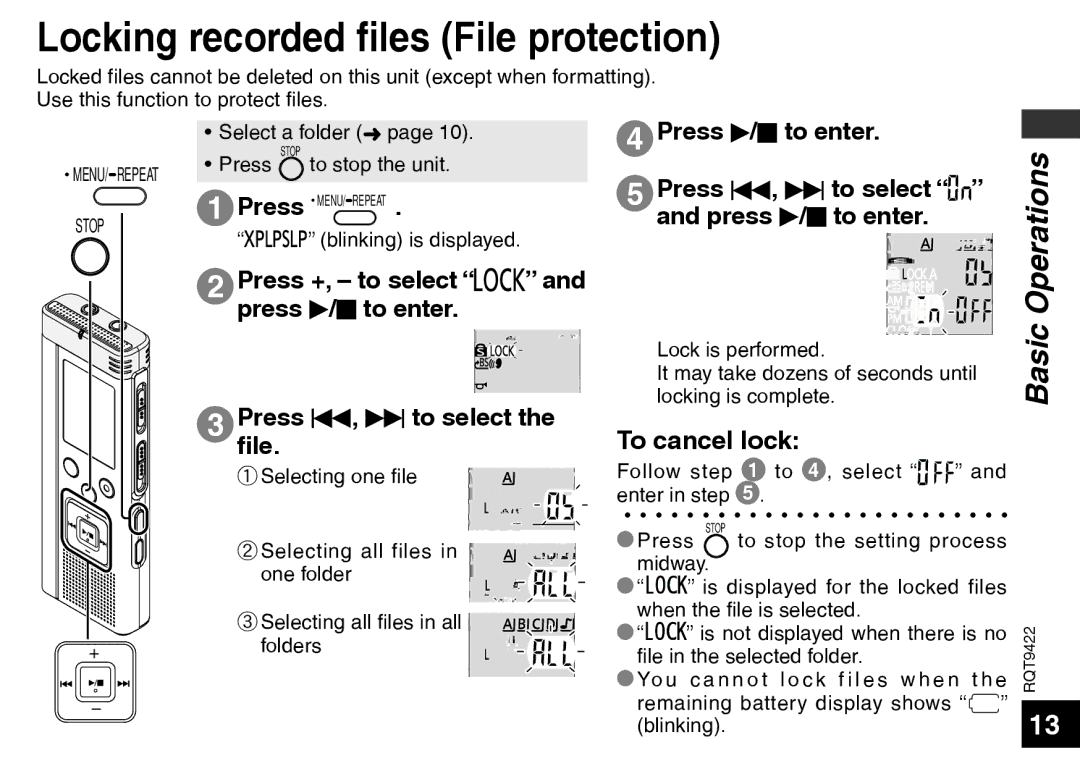 Panasonic RR-US550 Locking recorded files File protection, Press q/g to enter Pressfile. u, i to select, To cancel lock 