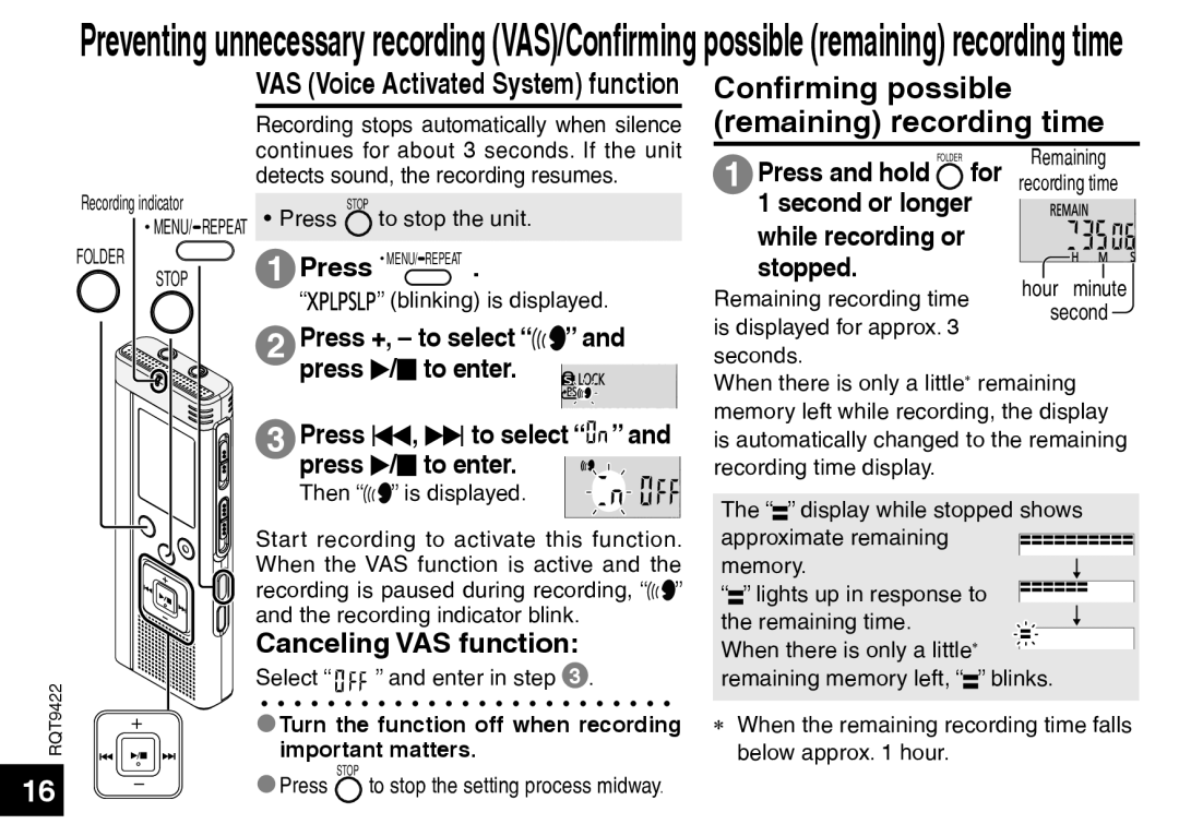 Panasonic H1208TY0, RR-US550 warranty Confirming possible, Remaining recording time, Canceling VAS function, For 