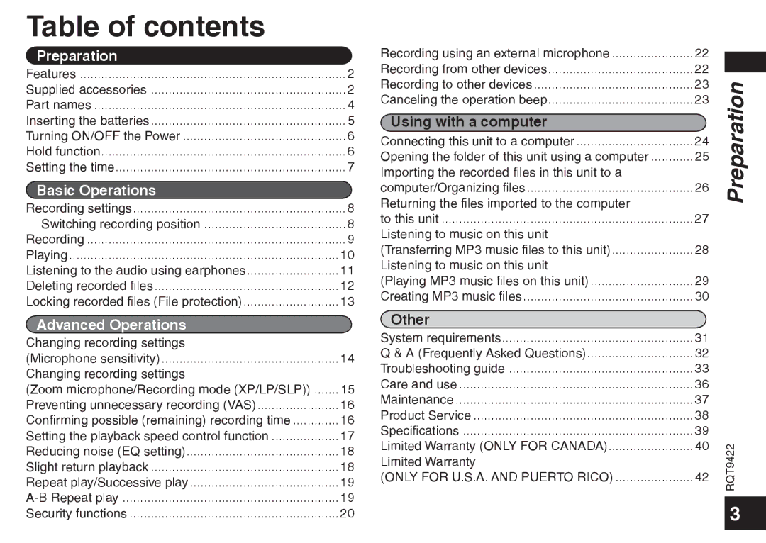 Panasonic RR-US550, H1208TY0 warranty Table of contents 