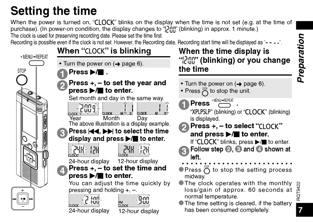 Panasonic RR-US550, H1208TY0 warranty Setting the time, When Is blinking When the time display is 