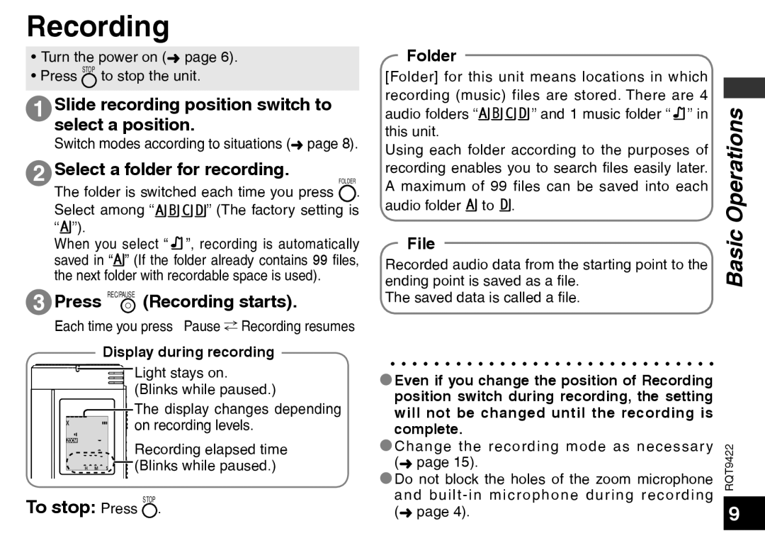 Panasonic RR-US550 warranty Recording, Slide recording position switch to select a position, Select a folder for recording 