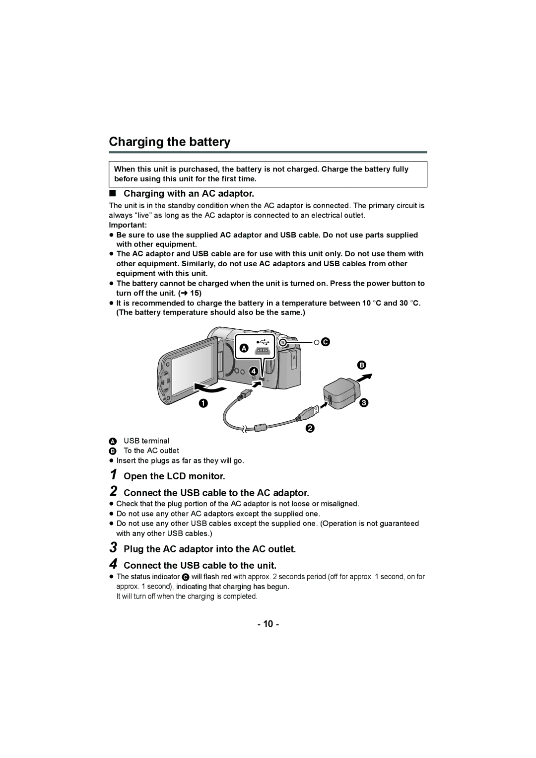 Panasonic HC-V10 operating instructions Charging the battery, Charging with an AC adaptor, Open the LCD monitor 