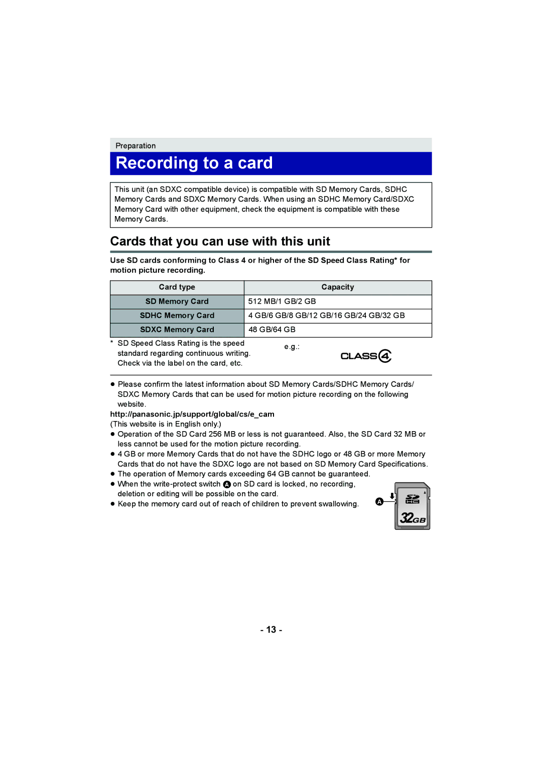 Panasonic HC-V10 Recording to a card, Cards that you can use with this unit, 512 MB/1 GB/2 GB, 48 GB/64 GB 