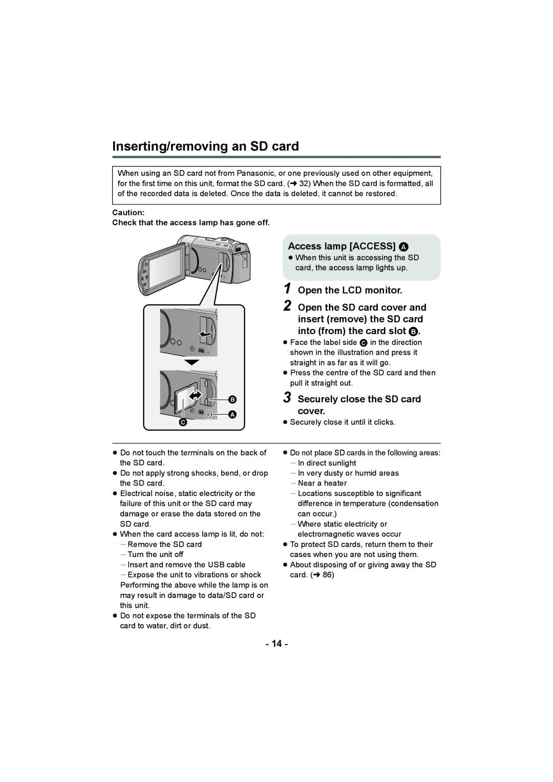 Panasonic HC-V10 Inserting/removing an SD card, Access lamp Access a, Securely close the SD card cover 