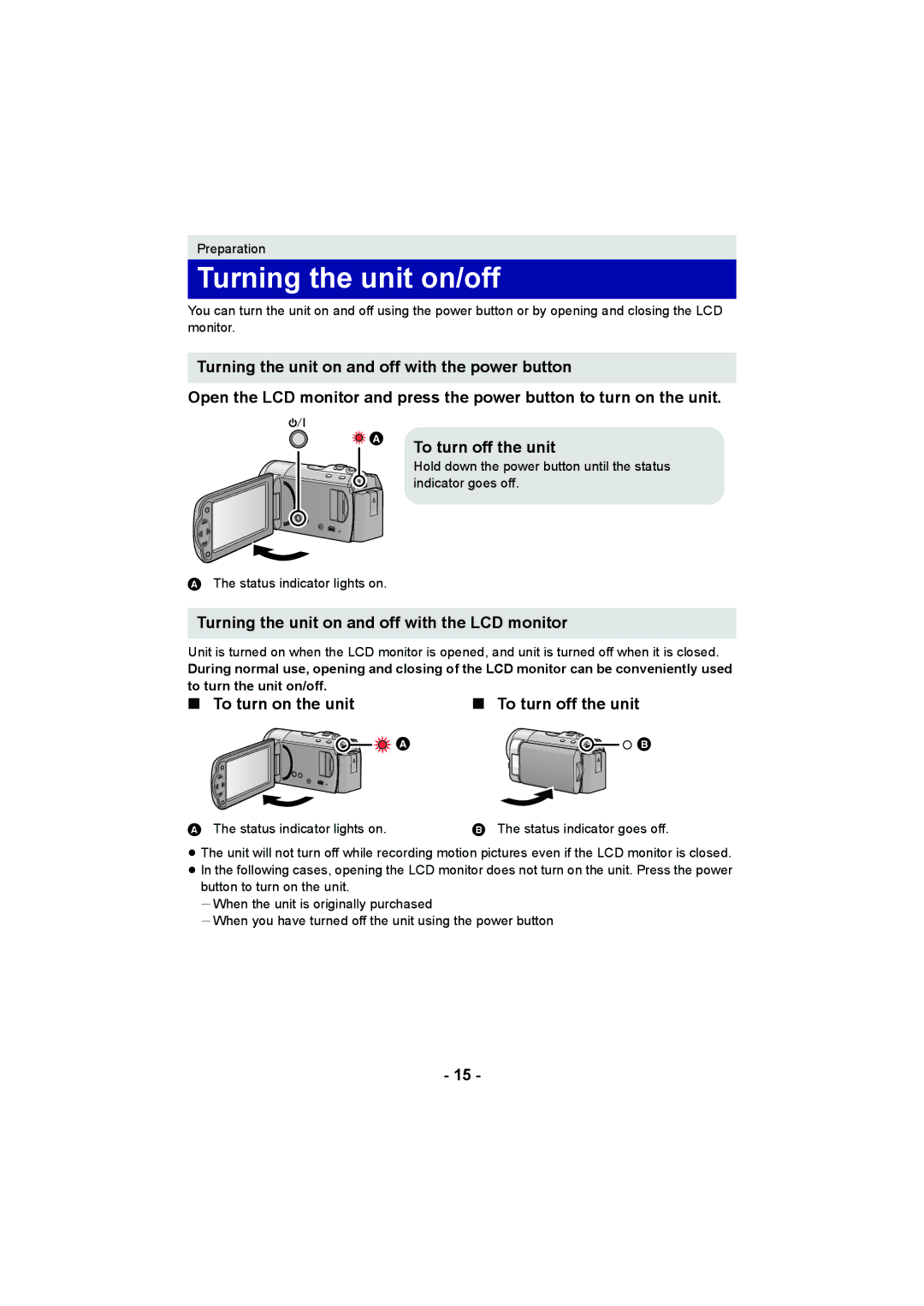 Panasonic HC-V10 operating instructions Turning the unit on/off, Turning the unit on and off with the LCD monitor 