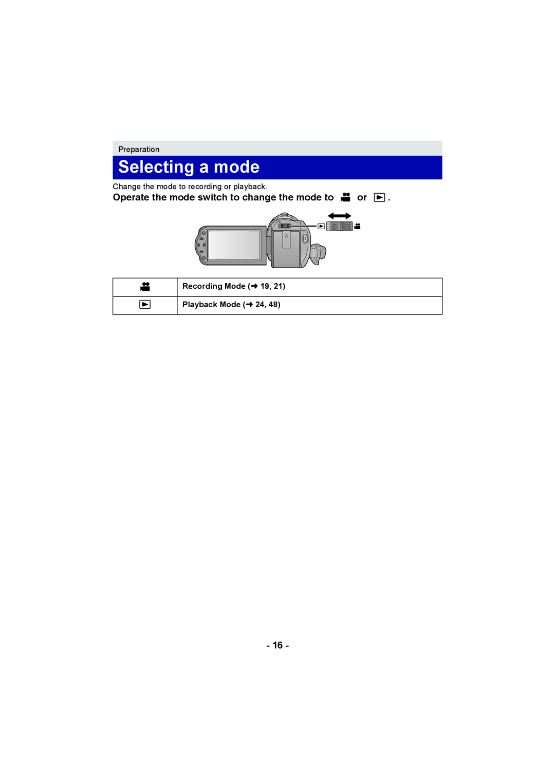 Panasonic HC-V10 Selecting a mode, Operate the mode switch to change the mode to or, Recording Mode l19 Playback Mode l24 