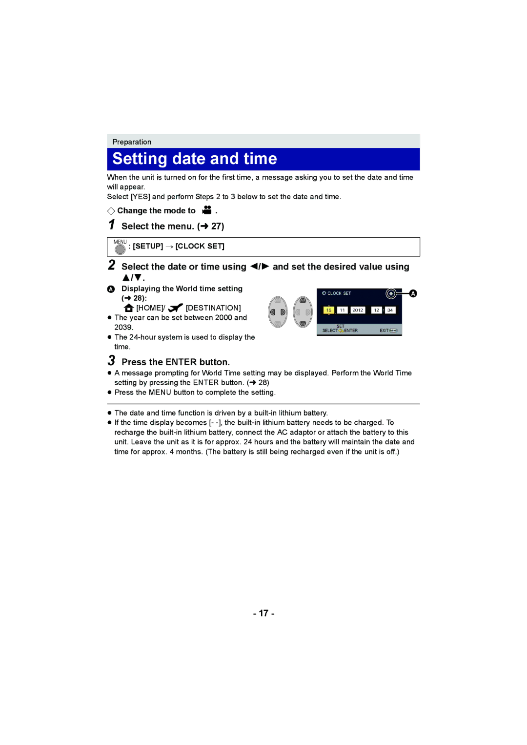 Panasonic HC-V10 Setting date and time, Select the menu. l27, Press the Enter button, ¬ Change the mode to 