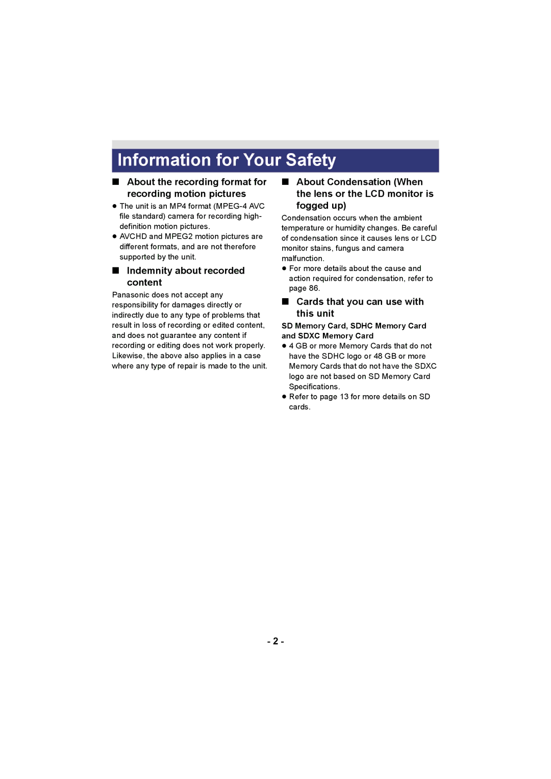 Panasonic HC-V10 Information for Your Safety, About the recording format for Recording motion pictures 