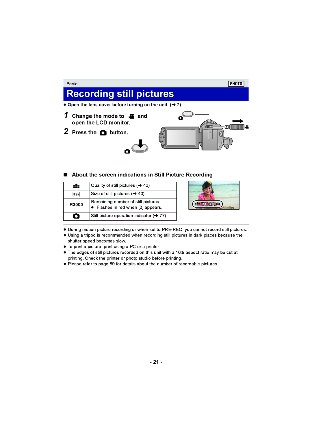 Panasonic HC-V10 operating instructions Recording still pictures, R3000 