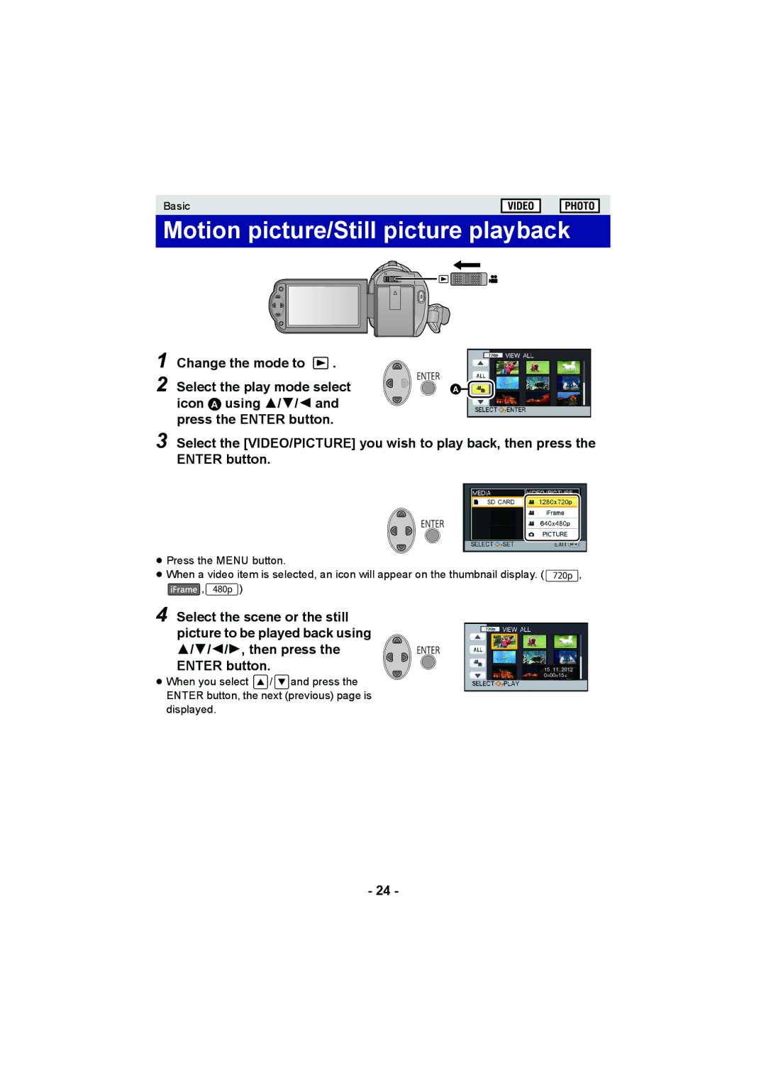 Panasonic HC-V10 operating instructions Motion picture/Still picture playback 