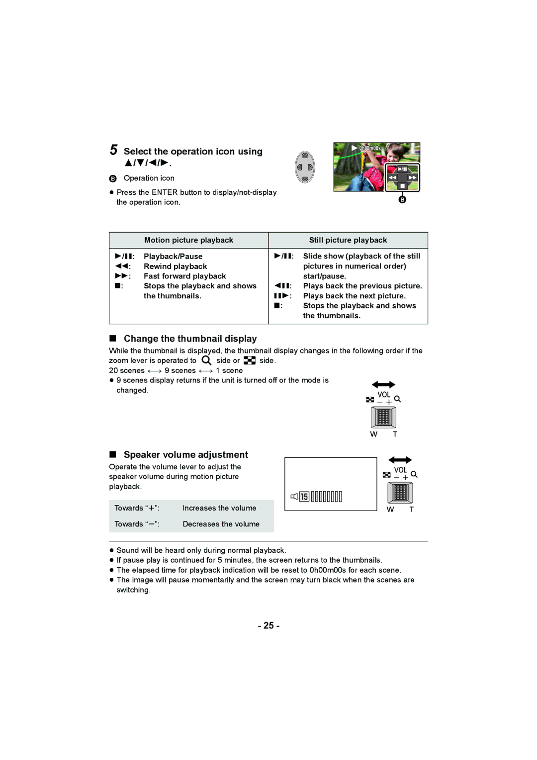 Panasonic HC-V10 Select the operation icon using, Change the thumbnail display, Speaker volume adjustment 