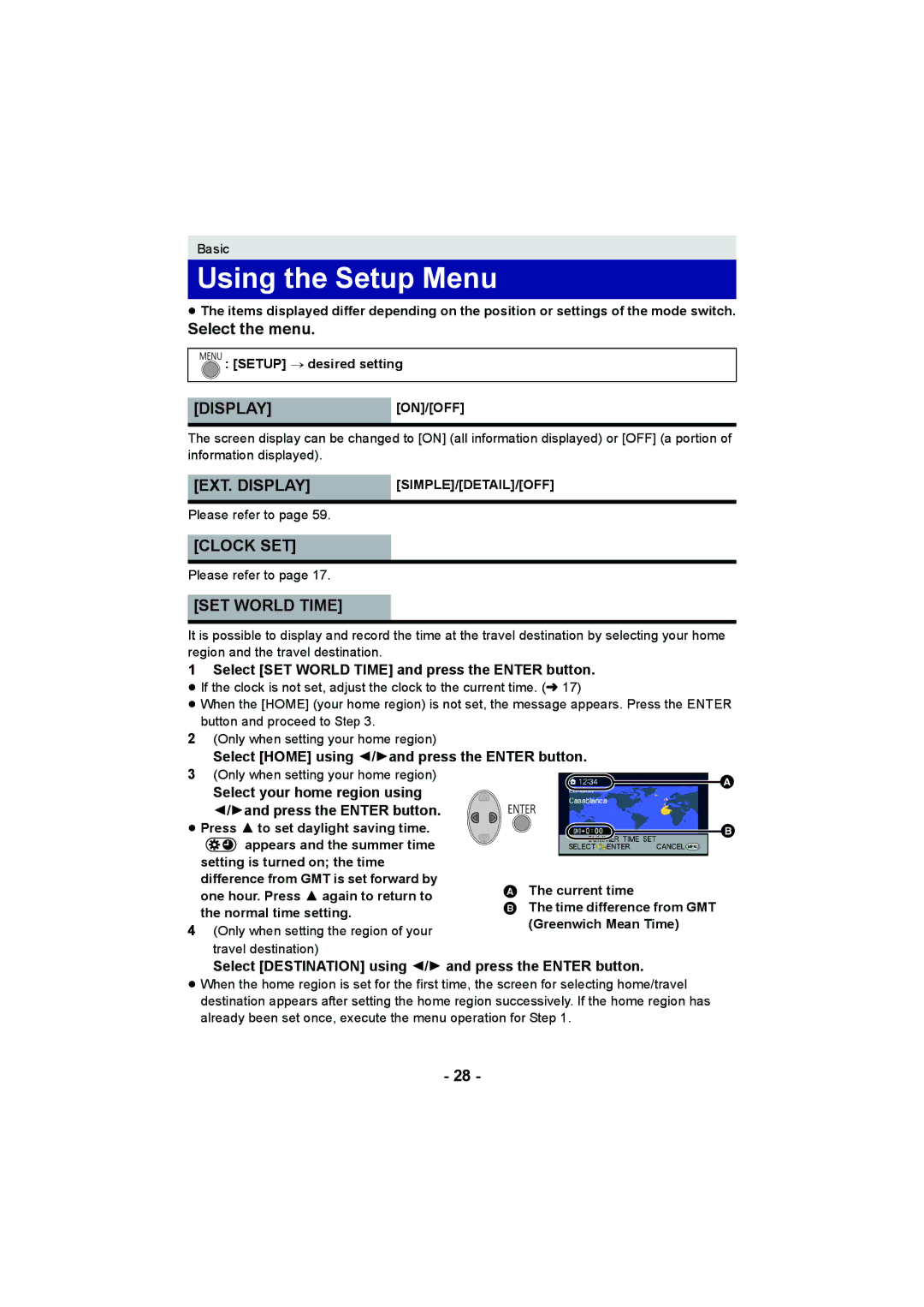 Panasonic HC-V10 operating instructions Using the Setup Menu, Displayon/Off, EXT. Display, Clock SET, SET World Time 