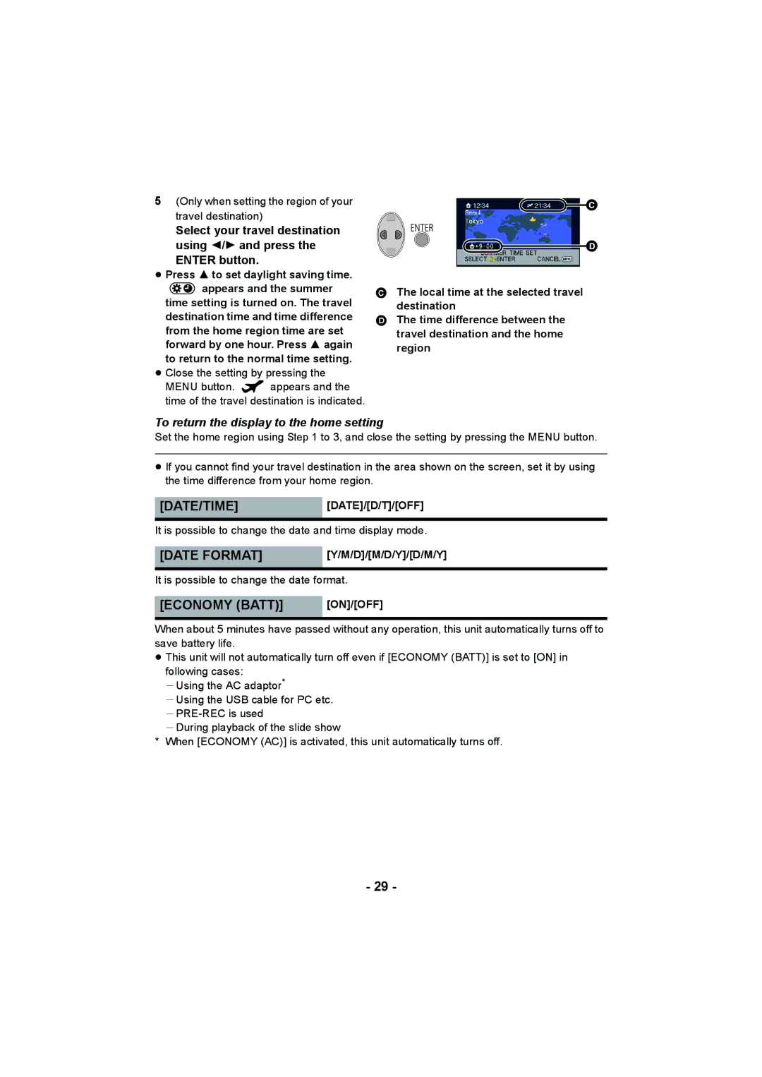 Panasonic HC-V10 operating instructions Date Format, Economy Batt, Enter button, Date/Timedate/D/T/Off 