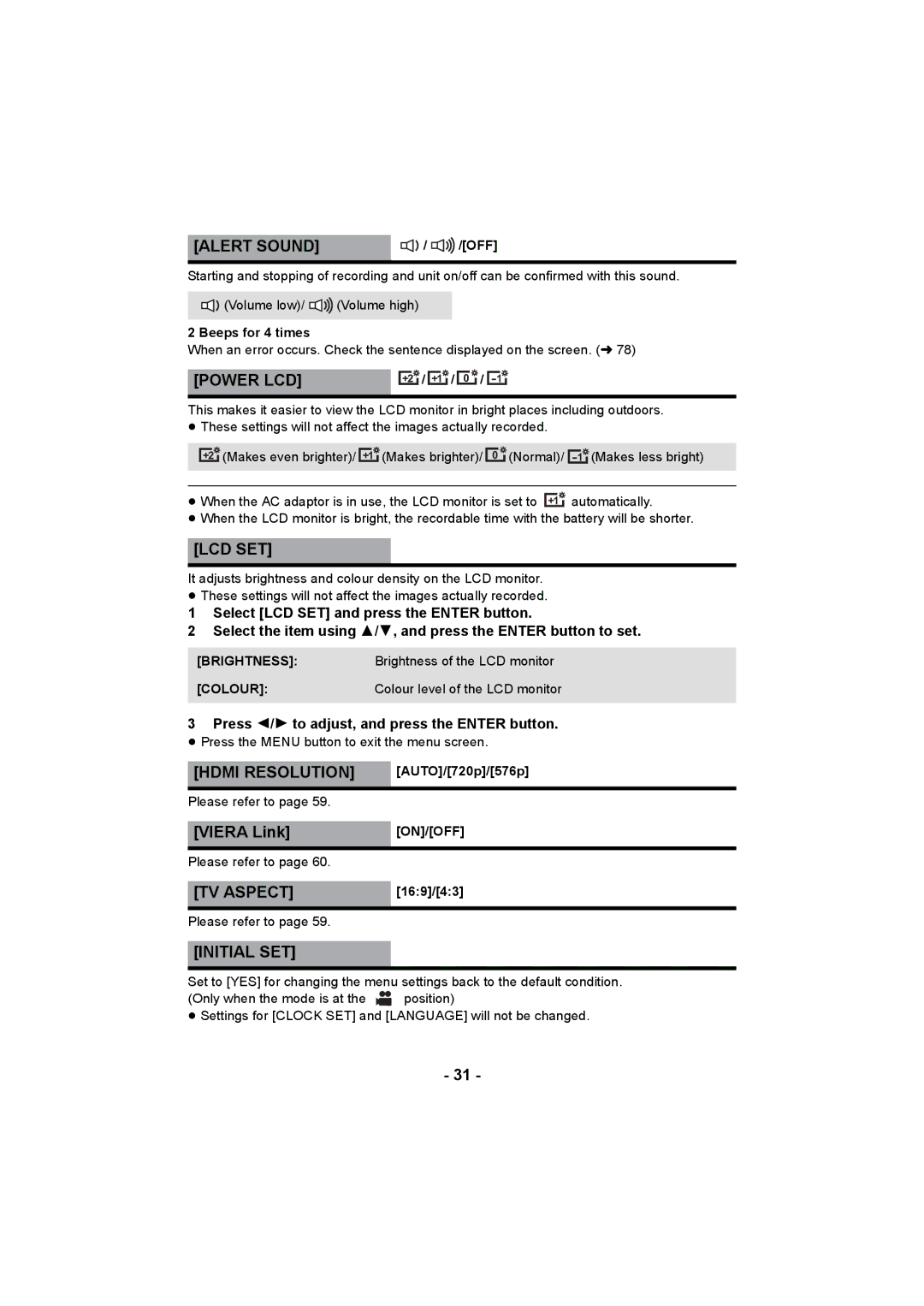 Panasonic HC-V10 operating instructions Alert Sound, Power LCD, Lcd Set, Hdmi Resolution, TV Aspect, Initial SET 