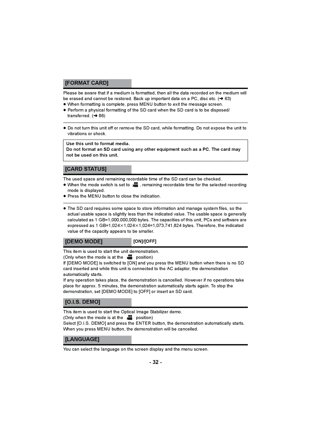 Panasonic HC-V10 operating instructions Format Card, Card Status, Demo MODEON/OFF, S. Demo, Language 