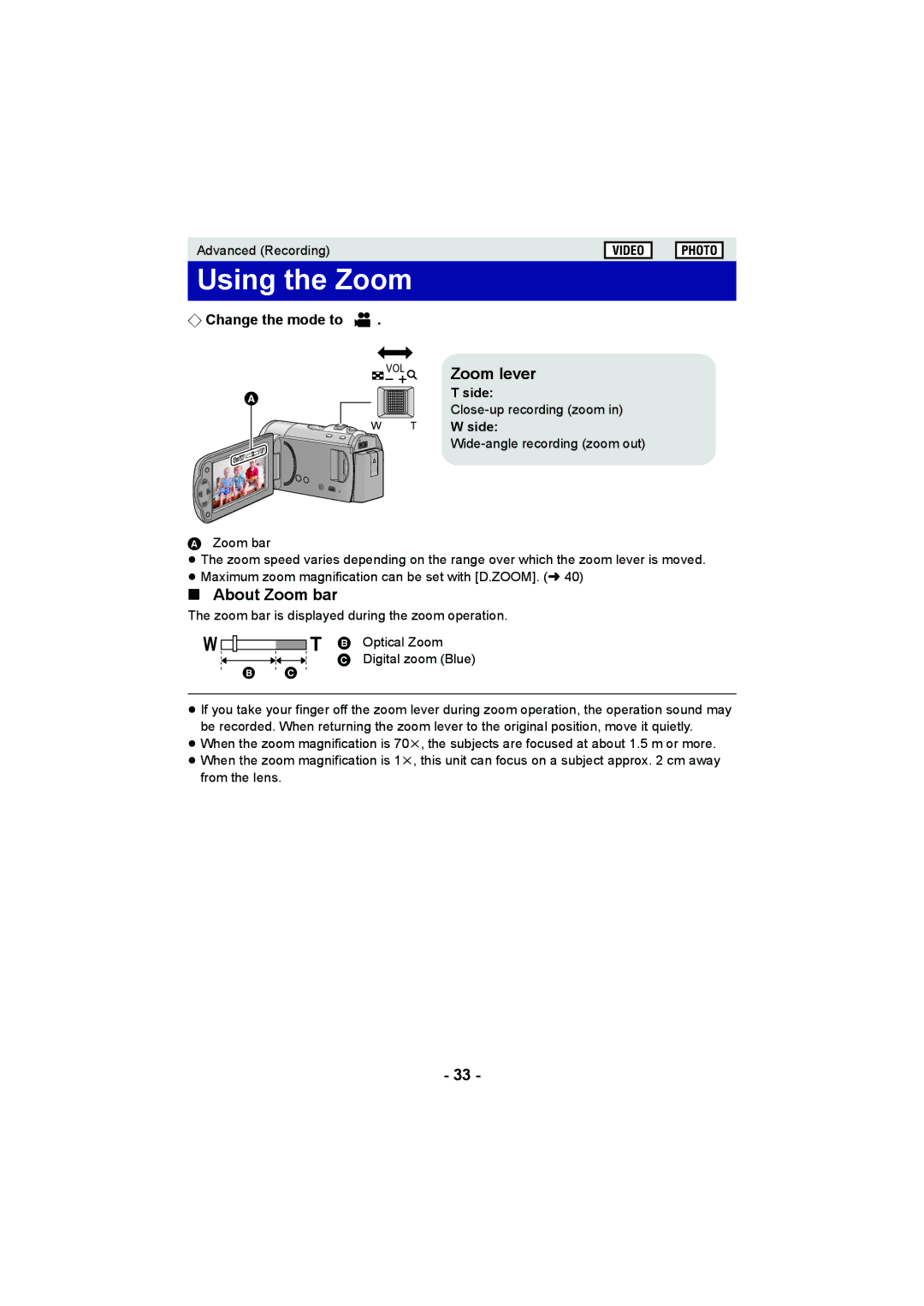 Panasonic HC-V10 operating instructions Using the Zoom, Zoom lever, About Zoom bar, Side, Optical Zoom 