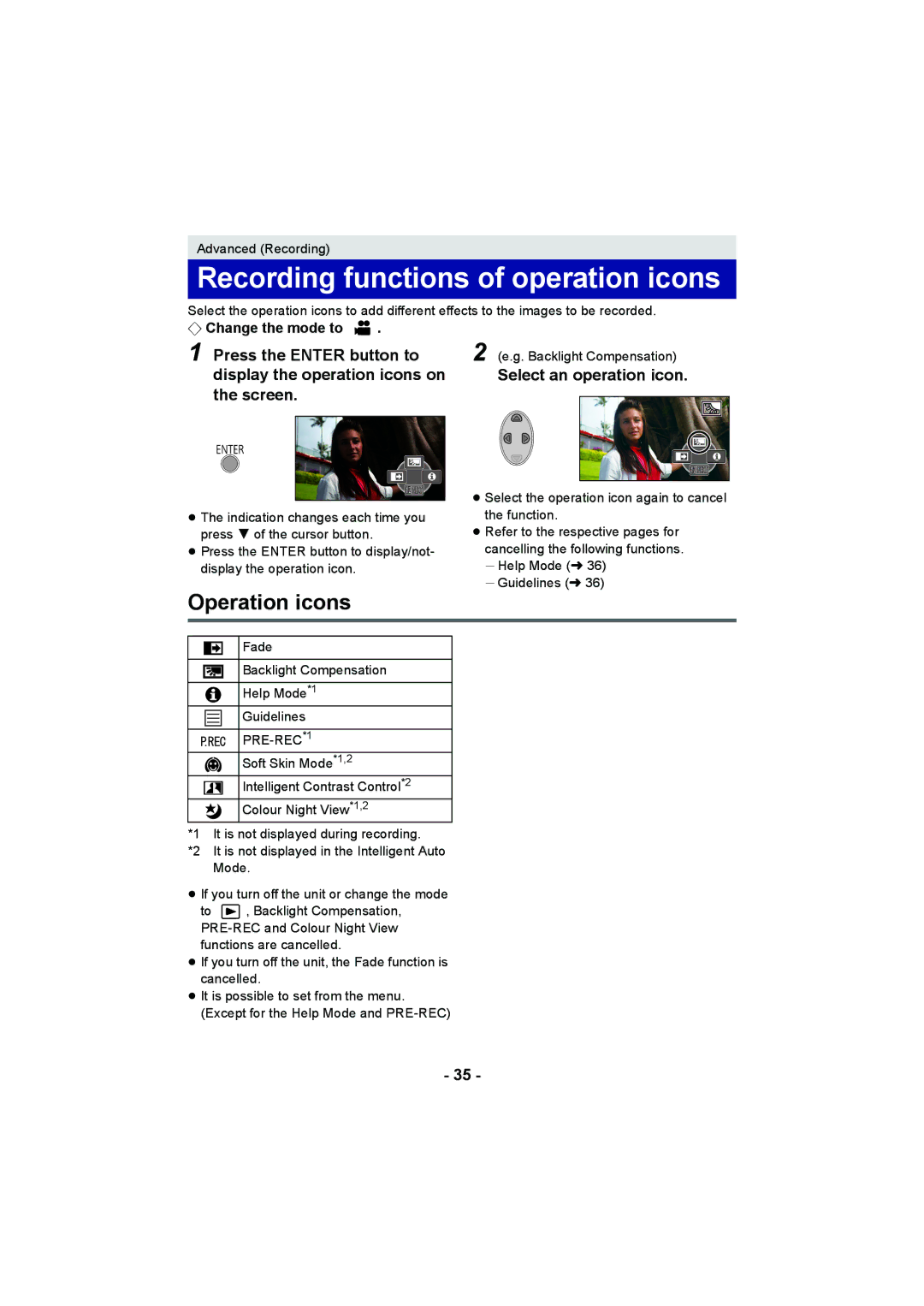 Panasonic HC-V10 operating instructions Recording functions of operation icons, Operation icons, Press the Enter button to 