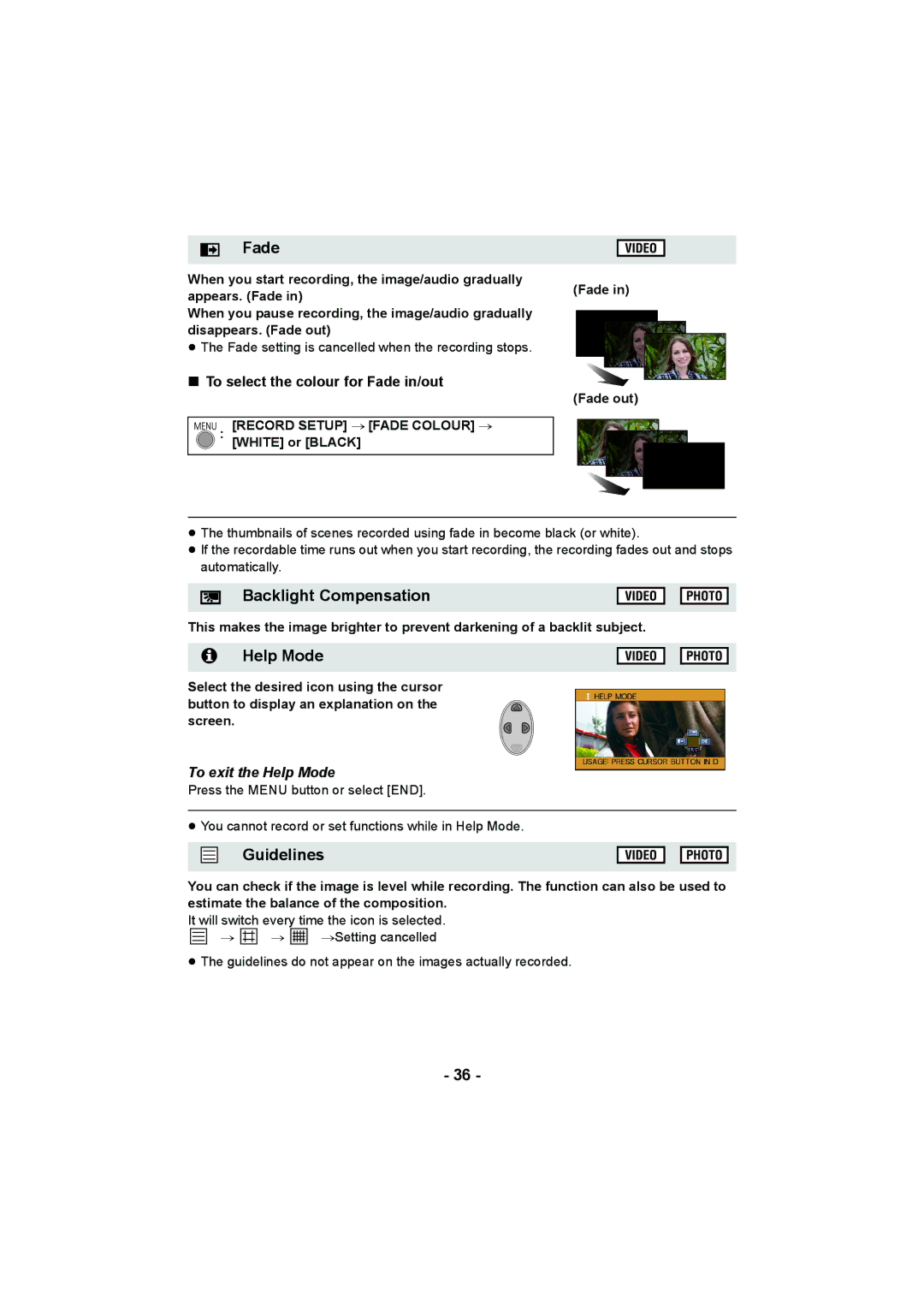 Panasonic HC-V10 Backlight Compensation, Help Mode, Guidelines, To select the colour for Fade in/out 