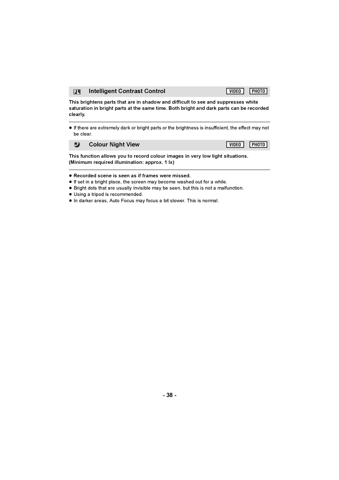 Panasonic HC-V10 operating instructions Intelligent Contrast Control, Colour Night View 