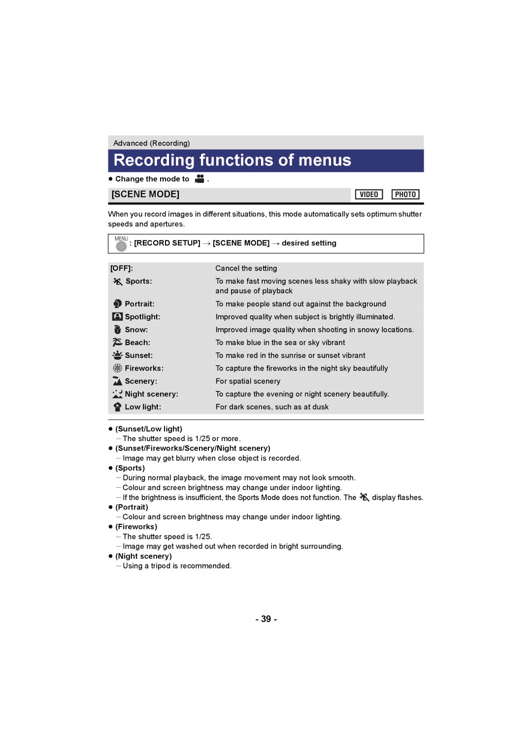 Panasonic HC-V10 operating instructions Recording functions of menus, Scene Mode 